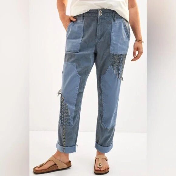 Anthropologie Pilcro The Camp Wanderer Patchwork Pants 27 Blue Embroidered Boho - Picture 2 of 6